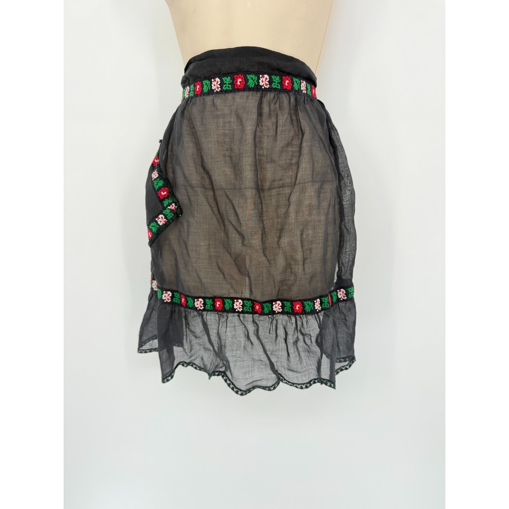 Vintage Sheer Black Embroidered Folk Apron Skirt Overlay Floral Trim Cottagecore